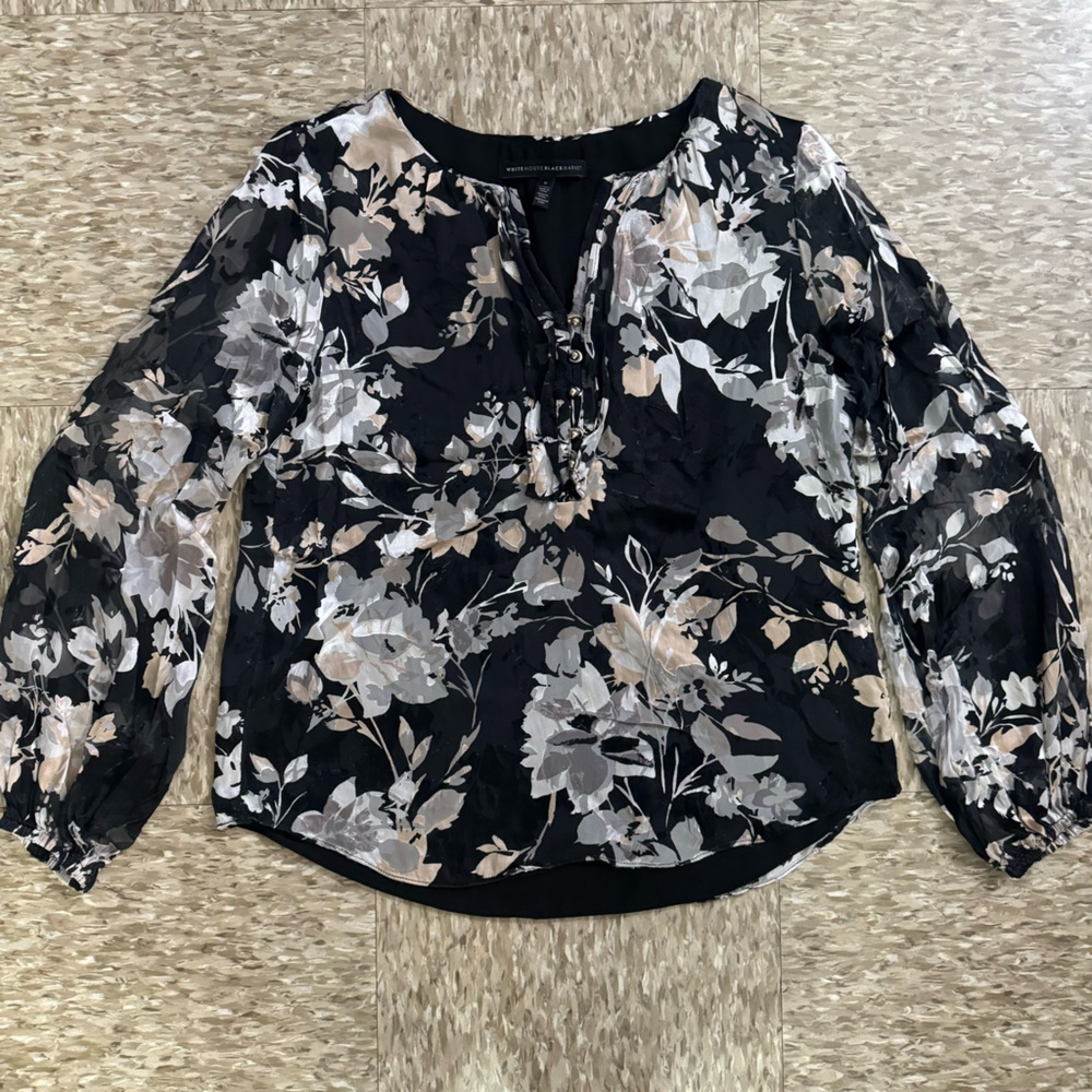 White House Black Market Black Floral Blouse Size 6